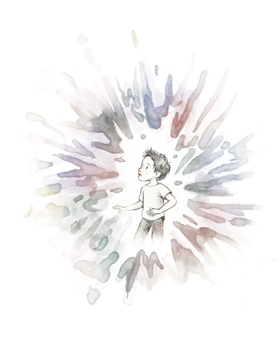 A boy stands inside a burst of soft watercolour light — his voice taking colour.