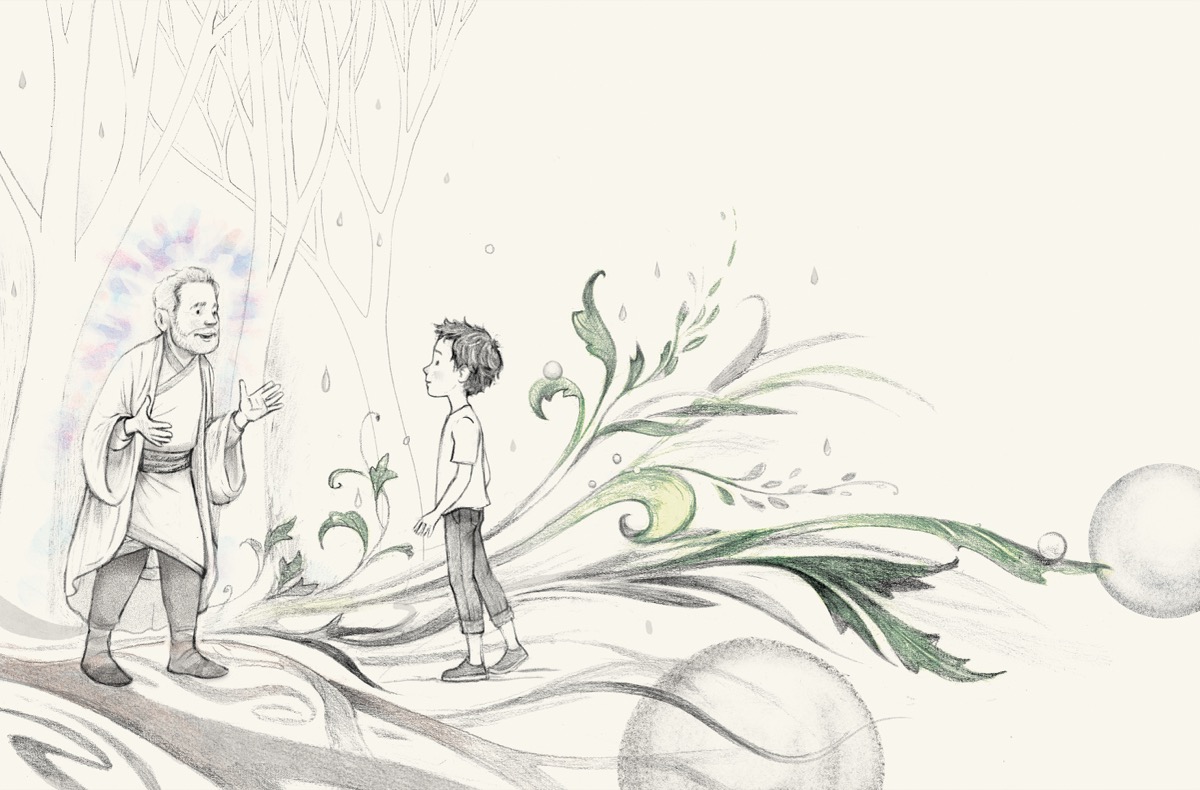 The boy meets the wise man in the forest.