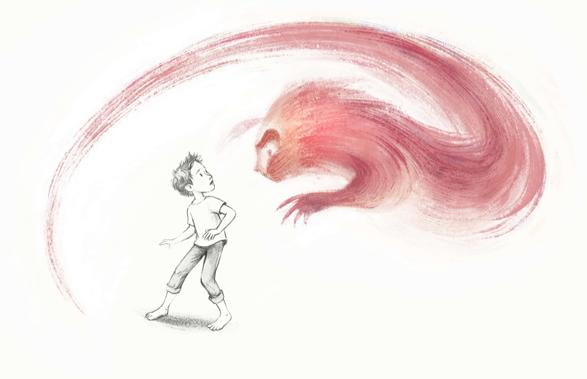 A red watercolour spirit circles the boy.